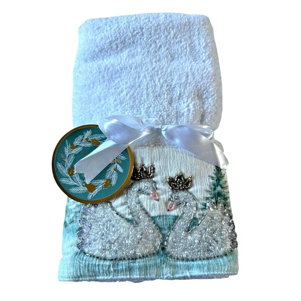 Tinsel & Fir Beaded Swans Hand Towels Christmas Holiday 100% Cotton Set Of 2